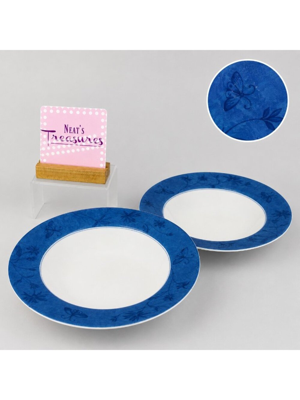 Coventry BLUE BUTTERFLY White Blue Porcelain Large Rim 9 1/4" Soup Bowls Set 2